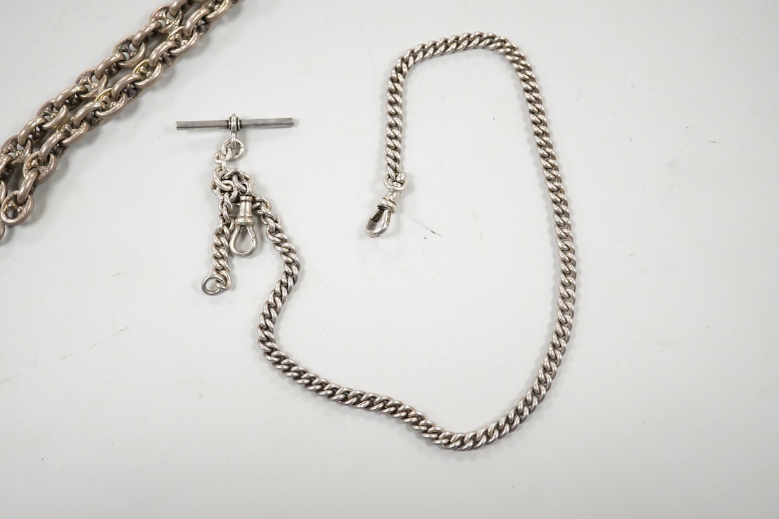 A two row chain link silver albert, 21cm and one other longer silver curb link albert, 37cm.